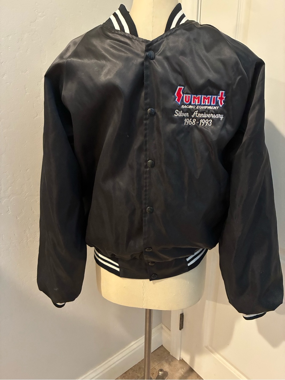 Vintage 90s Summit Racing Satin Bomber Jacket Large Black Silver Anniversary